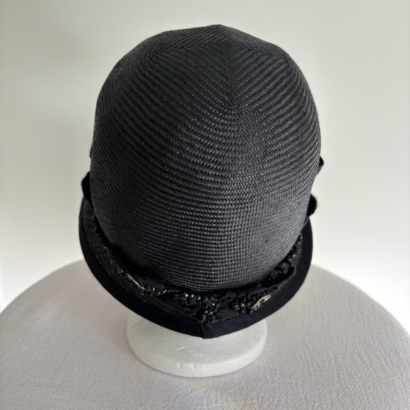 Louise Green Millinery Black Straw Cloche NWOT Beaded Band Patented Sweat Band main image 6